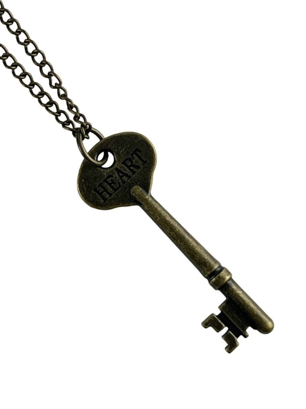 "HEART" Engraved Skeleton Large Key Pendant Necklace — Antiqued Bronze